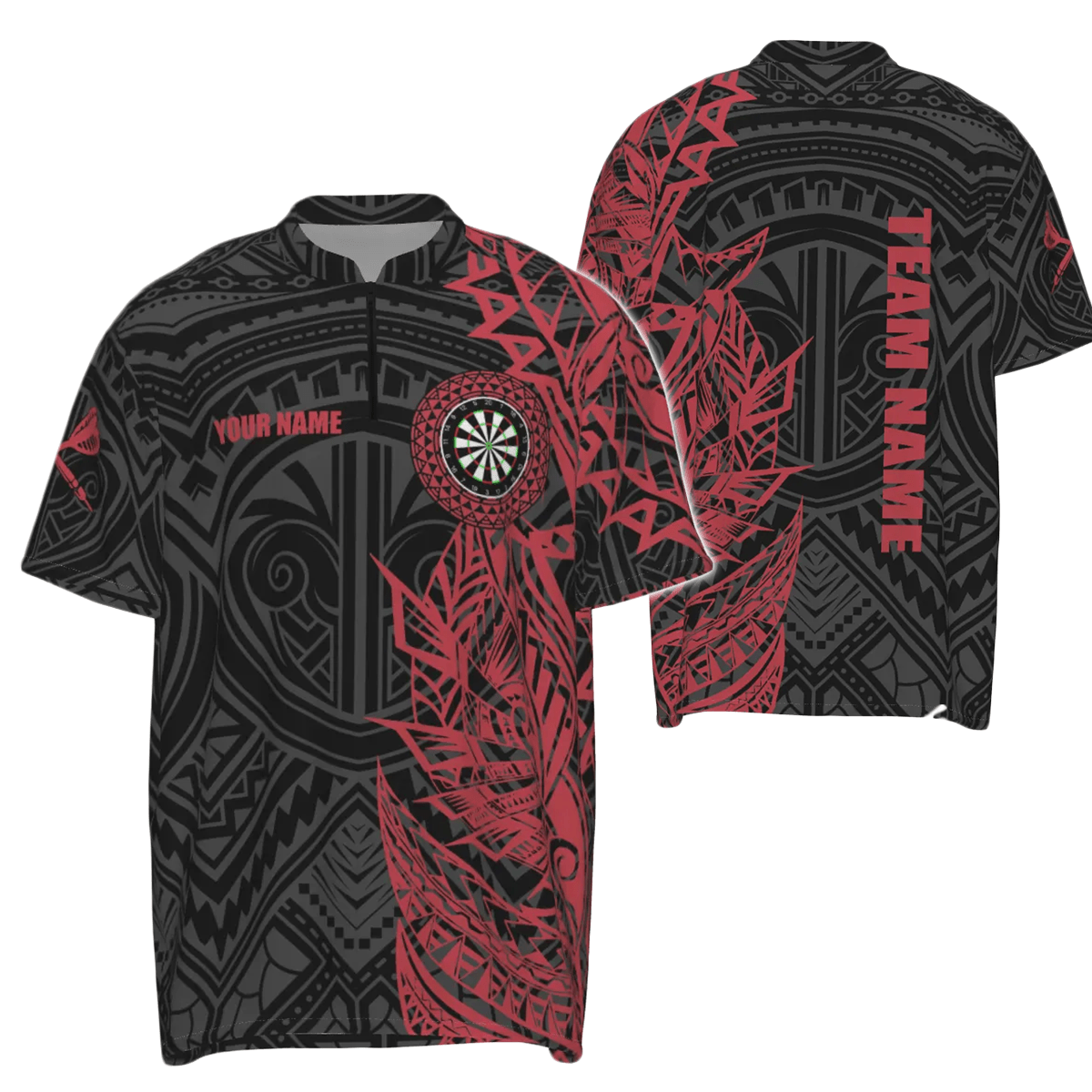 Personalisiertes rotes Tribal-Darts-Quarter-Zip-Shirt, individuell anpassbares Darts-Shirt für Herren, Dart-Trikots Y704 - Outfitsuche