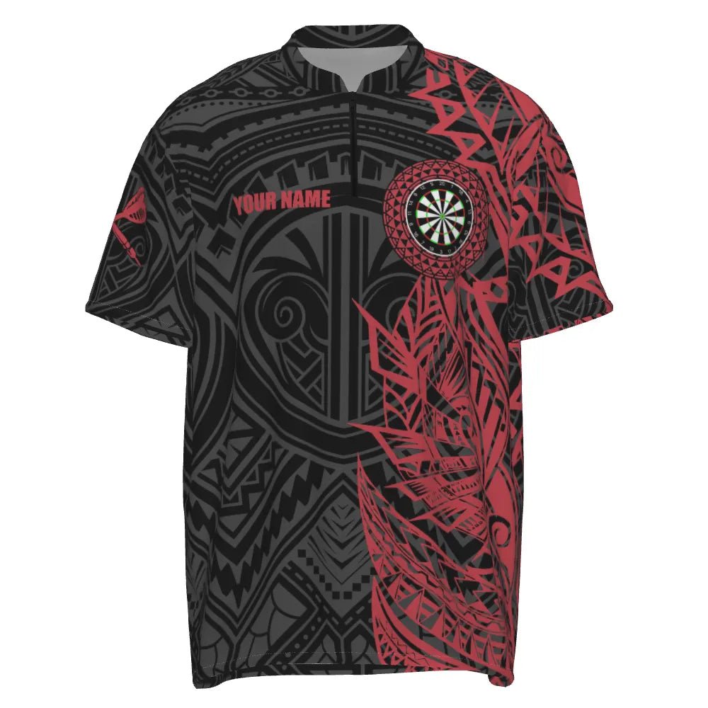 Personalisiertes rotes Tribal-Darts-Quarter-Zip-Shirt, individuell anpassbares Darts-Shirt für Herren, Dart-Trikots Y704 - Outfitsuche