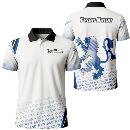 Personalisiertes Schottland Lion Rampant Dart - Trikot Polo mit Reißverschluss Weiß - Blau für Herren I2374 - Outfitsuche