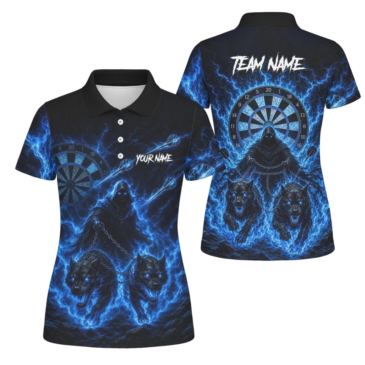 Personalisiertes Schwarz-blaues Sensenmann-und-Wölfe-Dartshirt für Damen X871 - Outfitsuche
