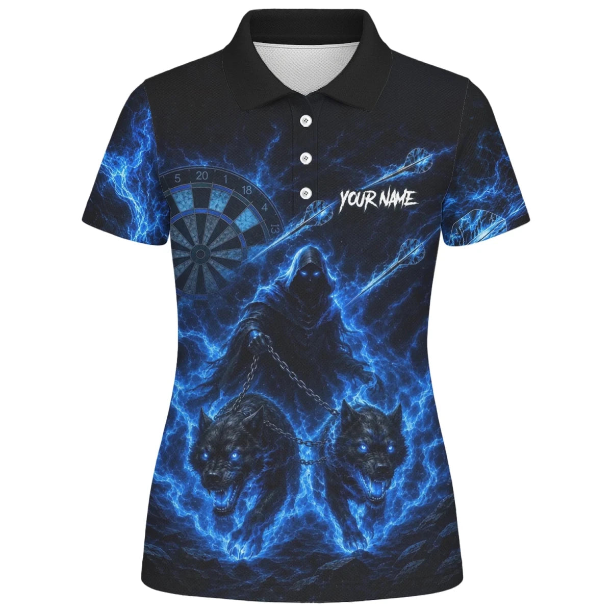 Personalisiertes Schwarz-blaues Sensenmann-und-Wölfe-Dartshirt für Damen X871 - Outfitsuche