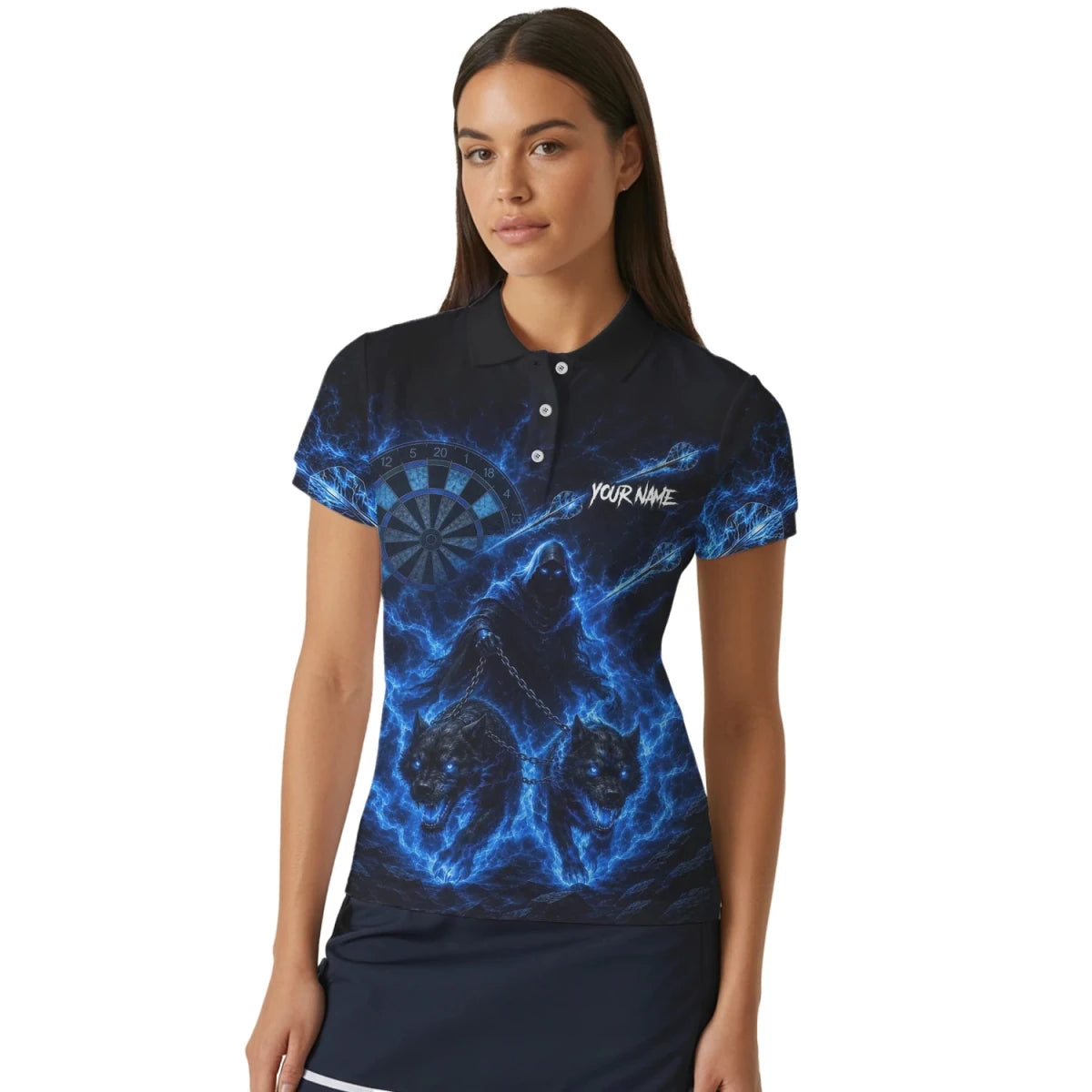 Personalisiertes Schwarz-blaues Sensenmann-und-Wölfe-Dartshirt für Damen X871 - Outfitsuche
