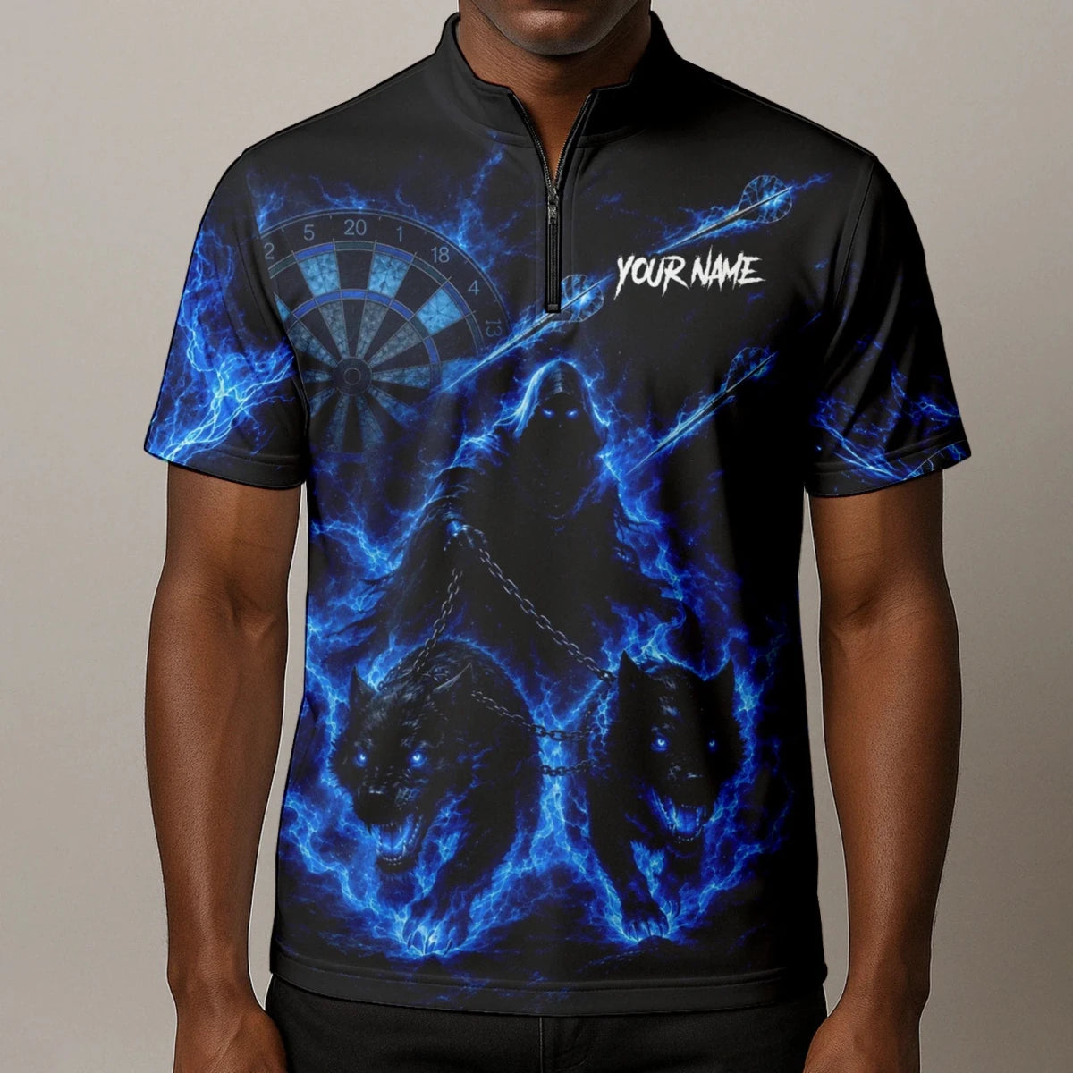 Personalisiertes Schwarz-blaues Sensenmann-und-Wölfe-Dartshirt für Herren X871 - Outfitsuche