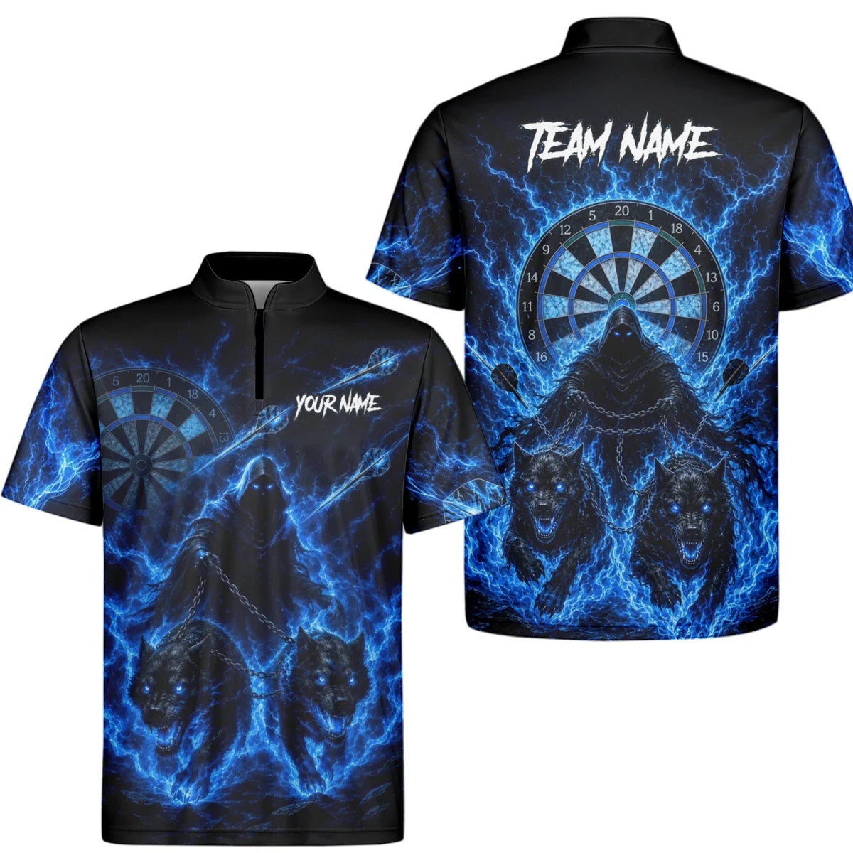 Personalisiertes Schwarz-blaues Sensenmann-und-Wölfe-Dartshirt für Herren X871 - Outfitsuche