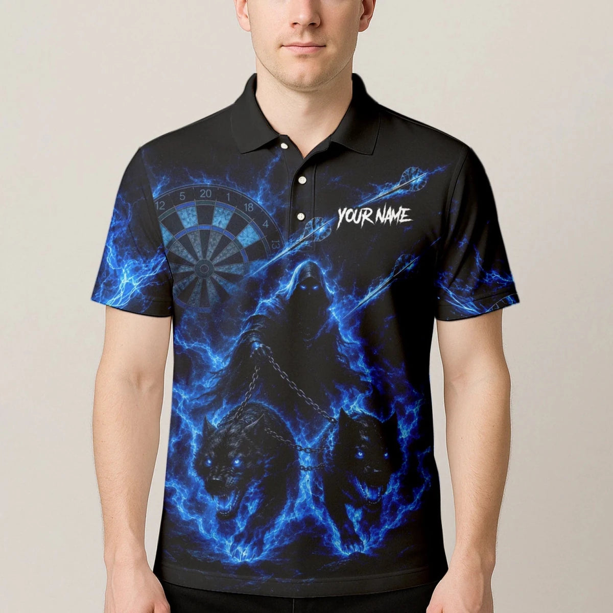Personalisiertes Schwarz-blaues Sensenmann-und-Wölfe-Dartshirt für Herren X871 - Outfitsuche