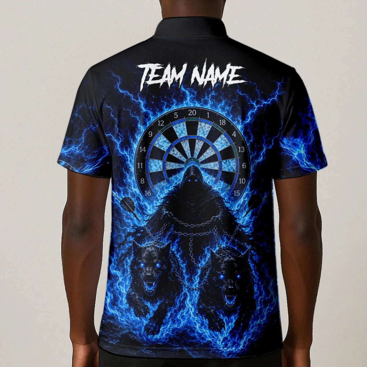 Personalisiertes Schwarz-blaues Sensenmann-und-Wölfe-Dartshirt für Herren X871 - Outfitsuche