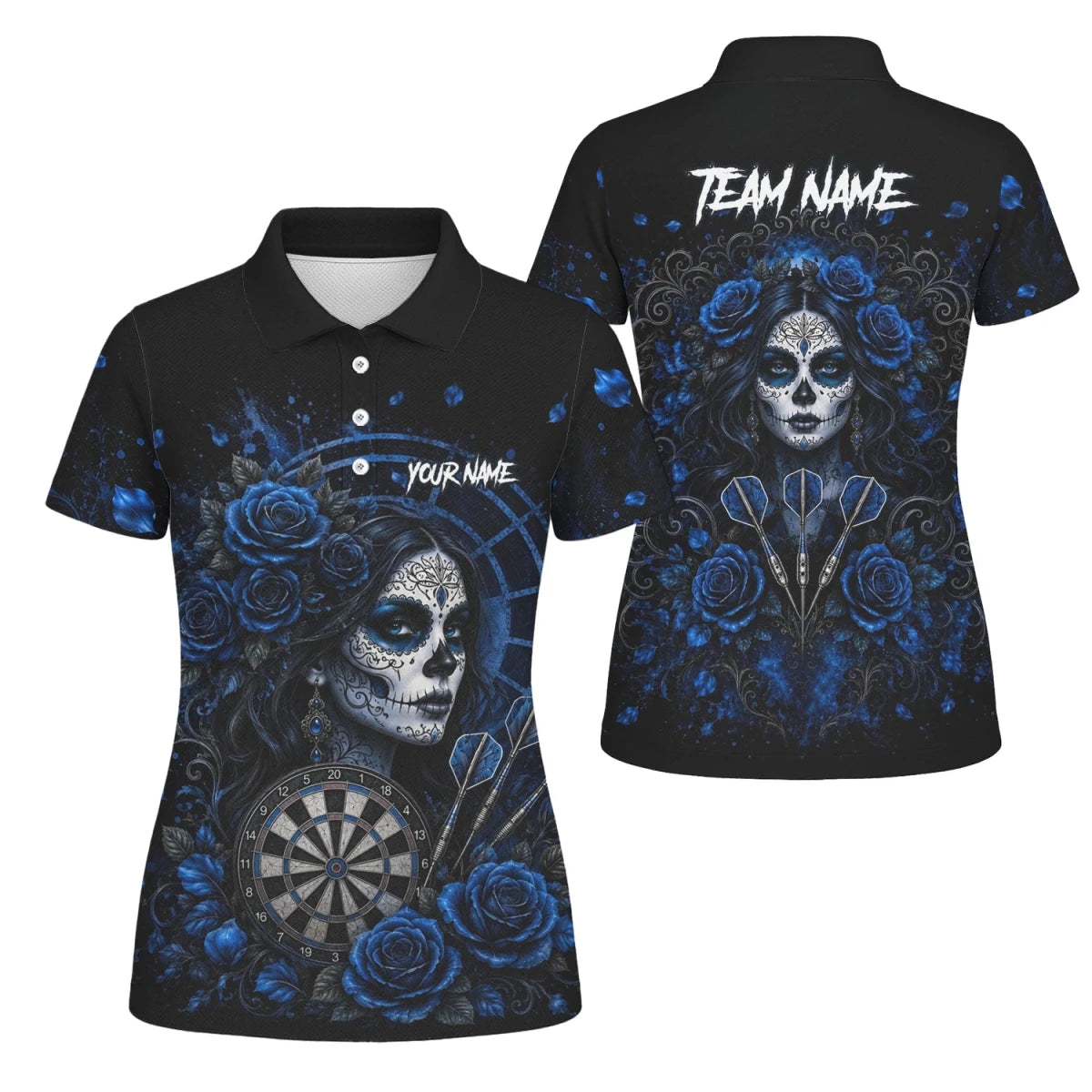 Personalisiertes Schwarz-blaues Sugar-Skull-Rosen-Dartshirt für Damen I884 - Outfitsuche