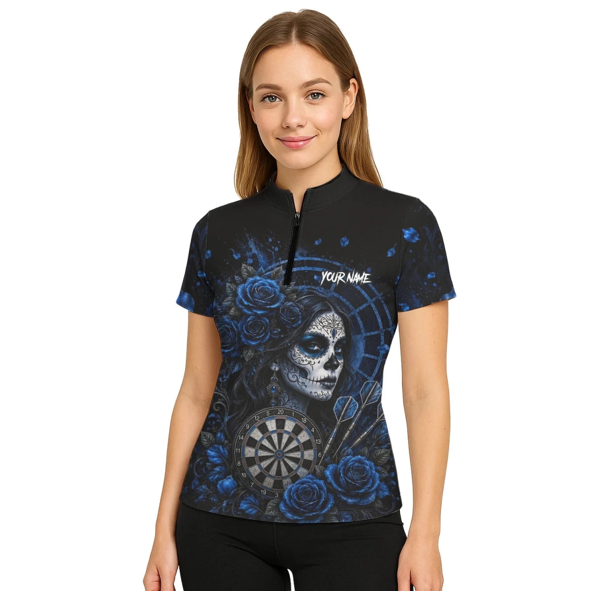 Personalisiertes Schwarz-blaues Sugar-Skull-Rosen-Dartshirt für Damen I884 - Outfitsuche