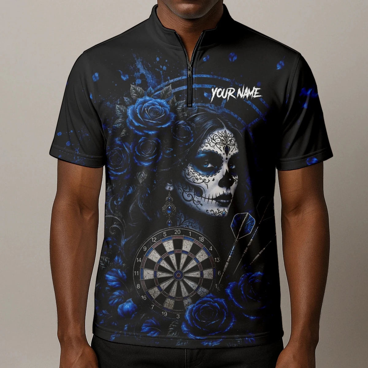 Personalisiertes Schwarz-blaues Sugar-Skull-Rosen-Dartshirt für Herren I884 - Outfitsuche