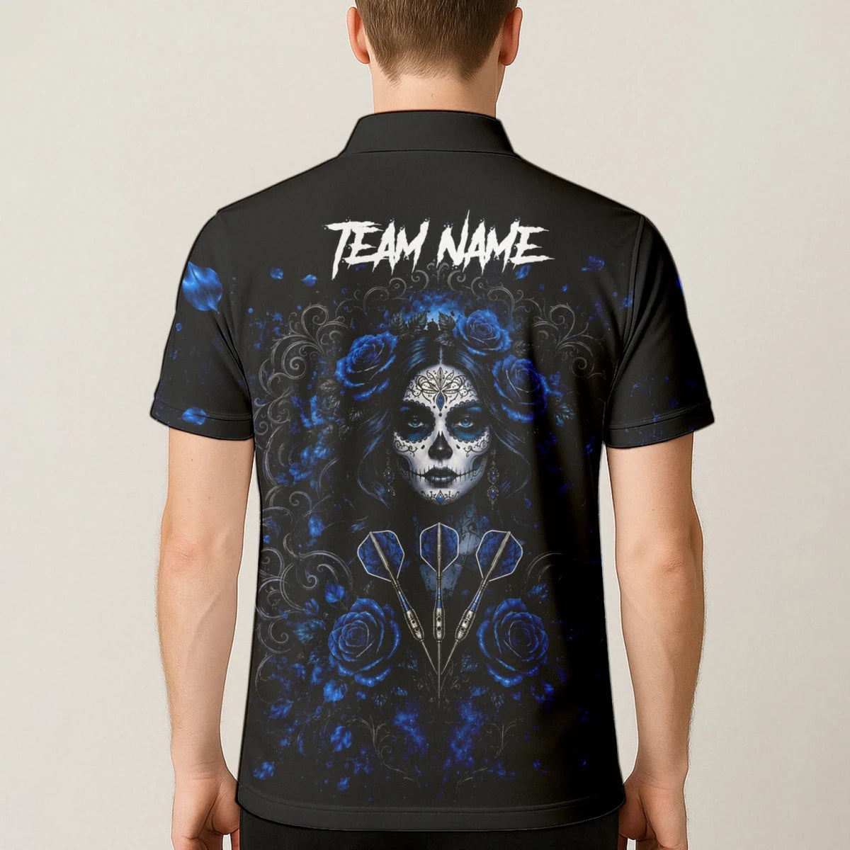 Personalisiertes Schwarz-blaues Sugar-Skull-Rosen-Dartshirt für Herren I884 - Outfitsuche