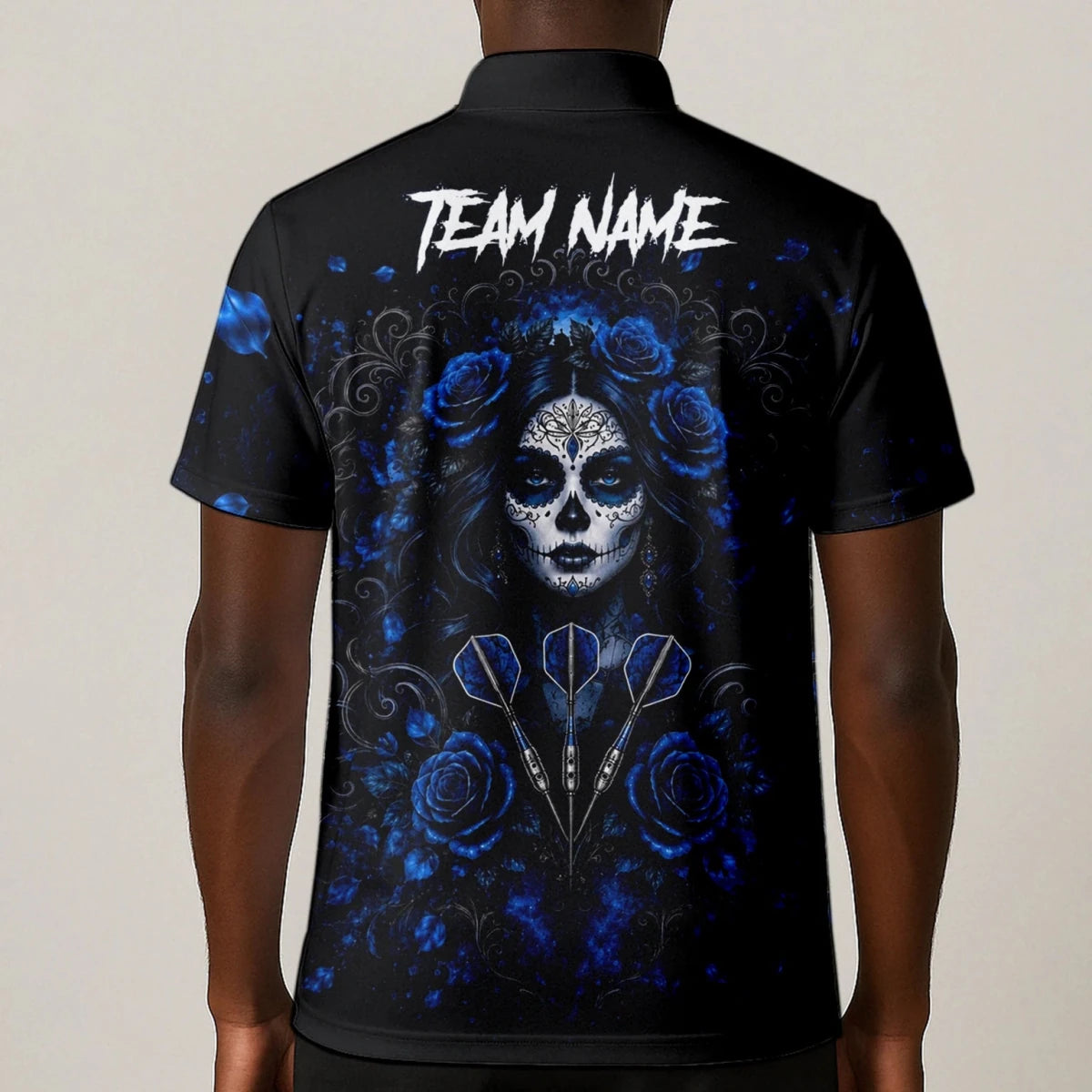 Personalisiertes Schwarz-blaues Sugar-Skull-Rosen-Dartshirt für Herren I884 - Outfitsuche