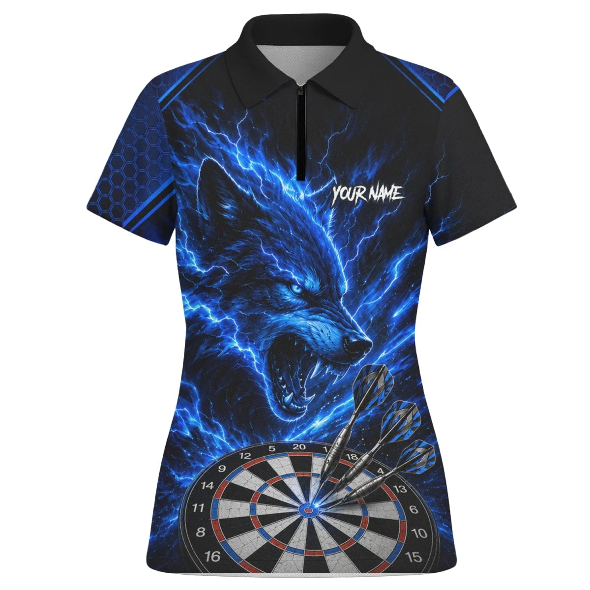 Personalisiertes Schwarz-blaues Wolf-Blitz-Dartshirt für Damen Y375 - Outfitsuche
