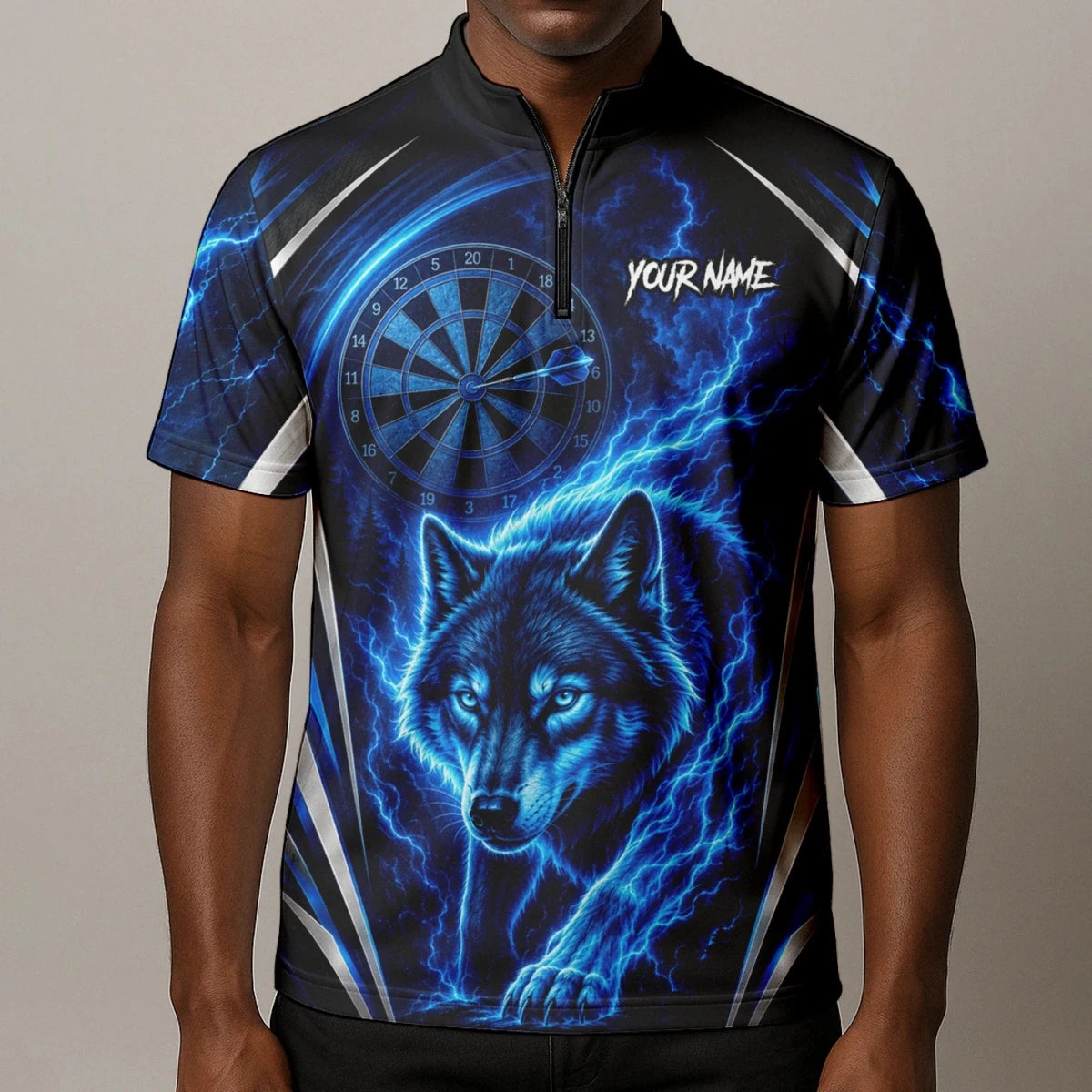 Personalisiertes Schwarz-blaues Wolf-Blitz-Dartshirt für Herren X929 - Outfitsuche