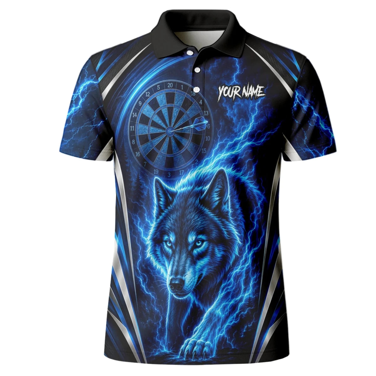Personalisiertes Schwarz-blaues Wolf-Blitz-Dartshirt für Herren X929 - Outfitsuche