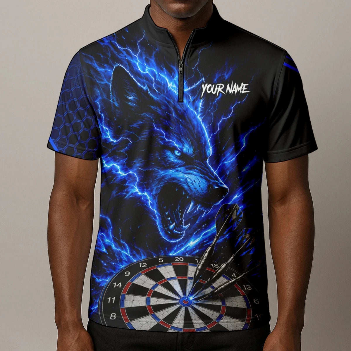 Personalisiertes Schwarz-blaues Wolf-Blitz-Dartshirt für Herren Y375 - Outfitsuche
