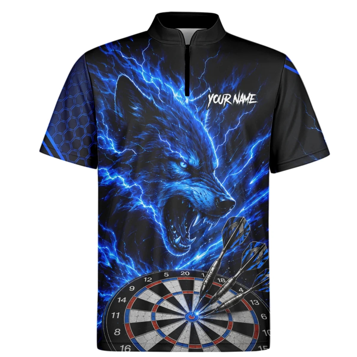 Personalisiertes Schwarz-blaues Wolf-Blitz-Dartshirt für Herren Y375 - Outfitsuche