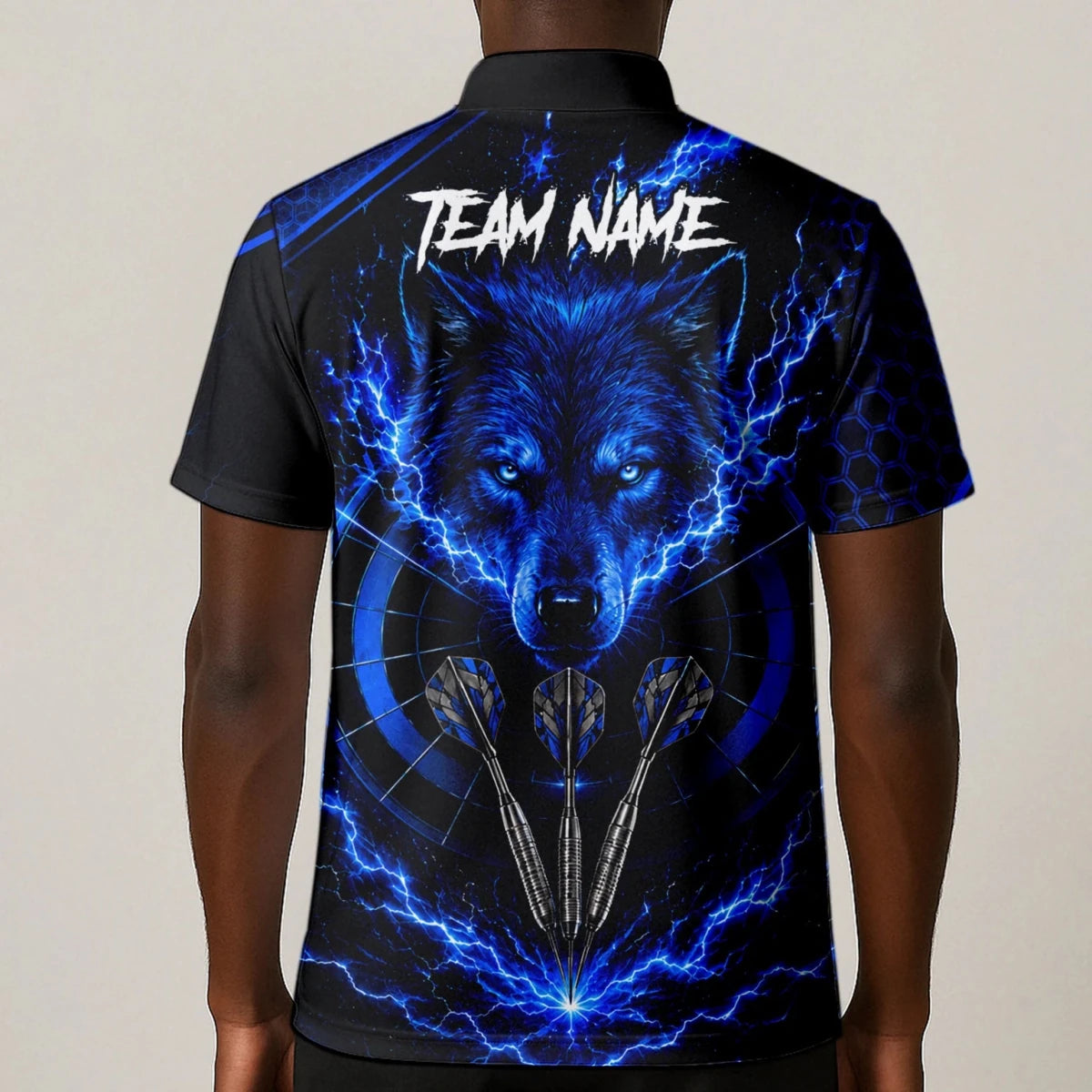 Personalisiertes Schwarz-blaues Wolf-Blitz-Dartshirt für Herren Y375 - Outfitsuche