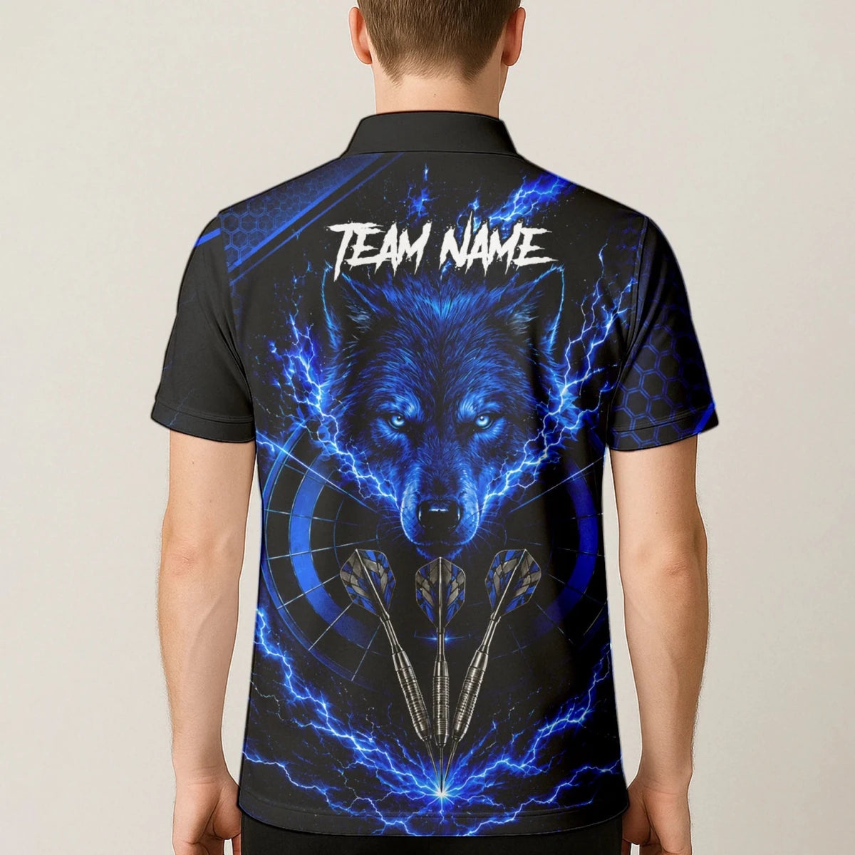 Personalisiertes Schwarz-blaues Wolf-Blitz-Dartshirt für Herren Y375 - Outfitsuche