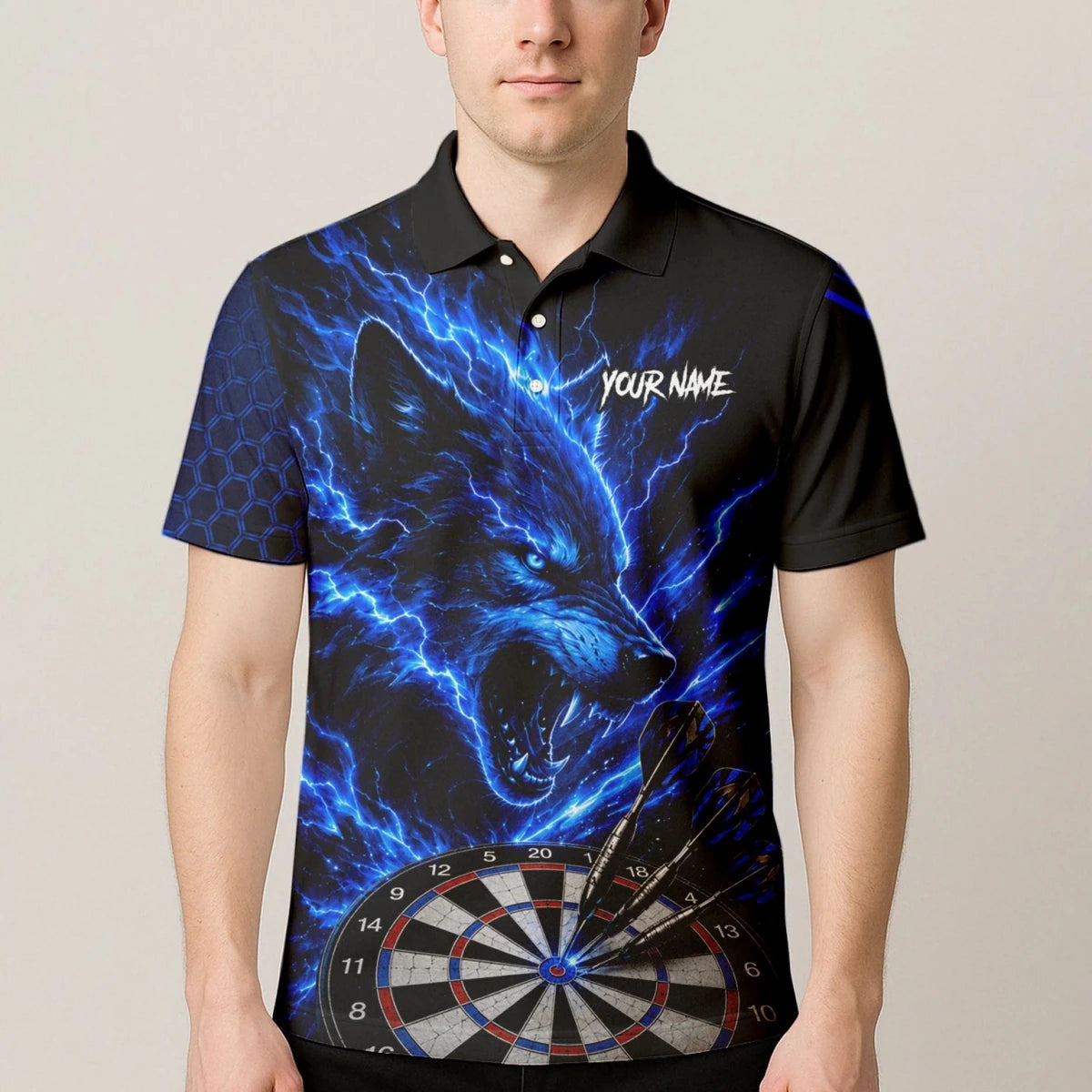 Personalisiertes Schwarz-blaues Wolf-Blitz-Dartshirt für Herren Y375 - Outfitsuche