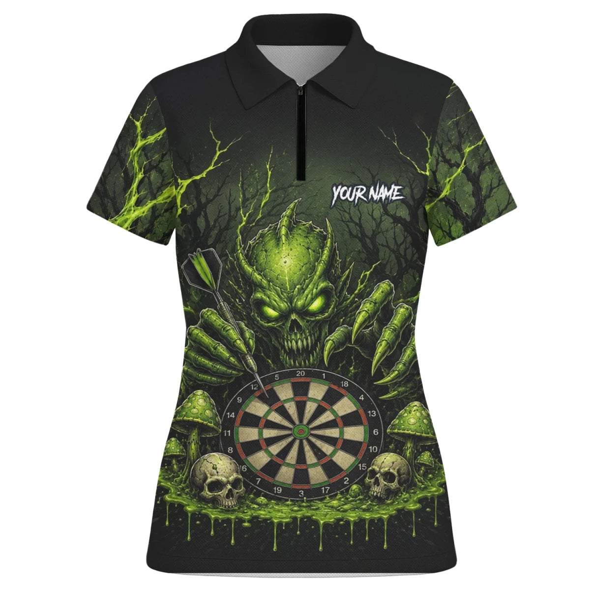 Personalisiertes Schwarz-grünes Monster-Totenkopf-Dartboard Dartshirt für Damen A277 - Outfitsuche