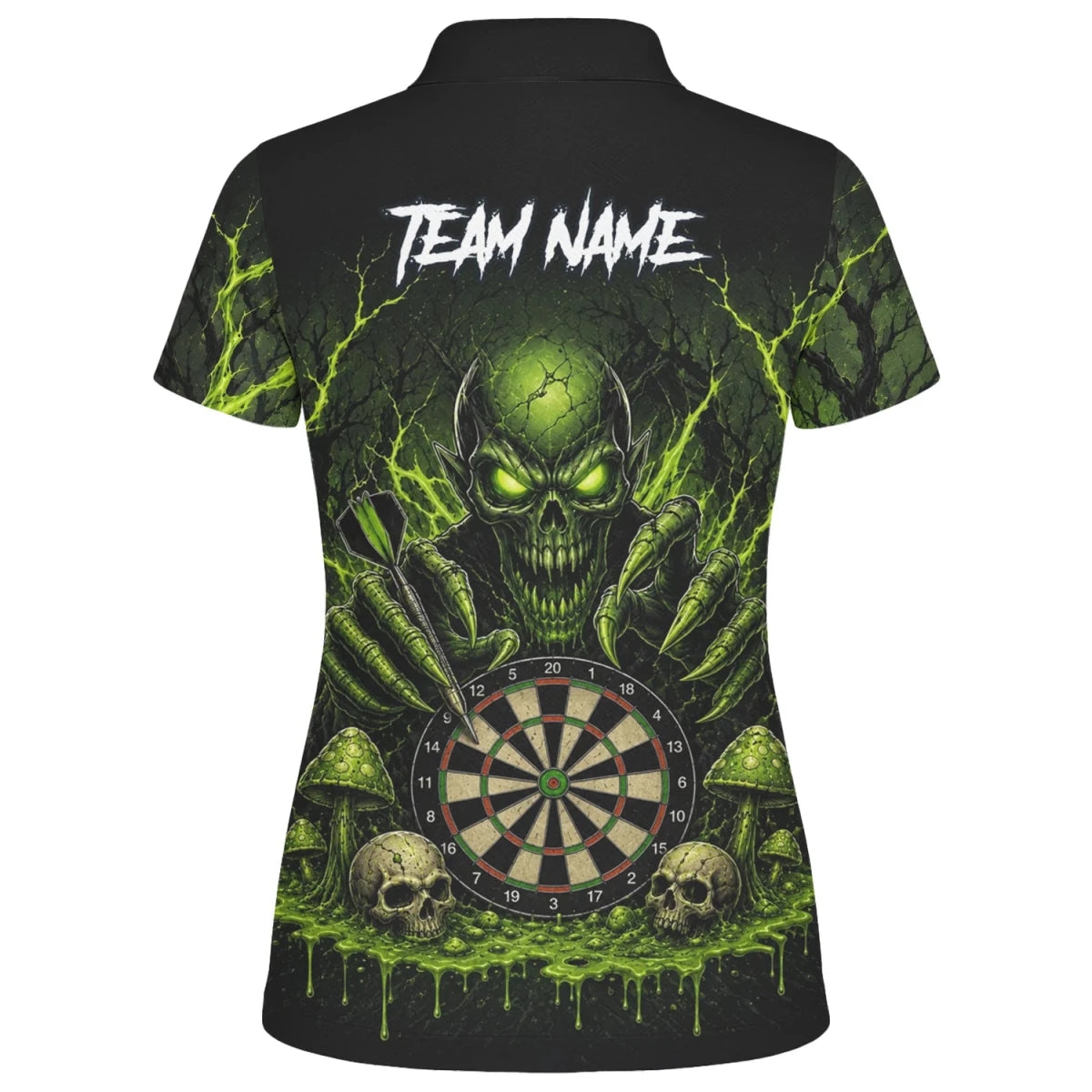 Personalisiertes Schwarz-grünes Monster-Totenkopf-Dartboard Dartshirt für Damen A277 - Outfitsuche