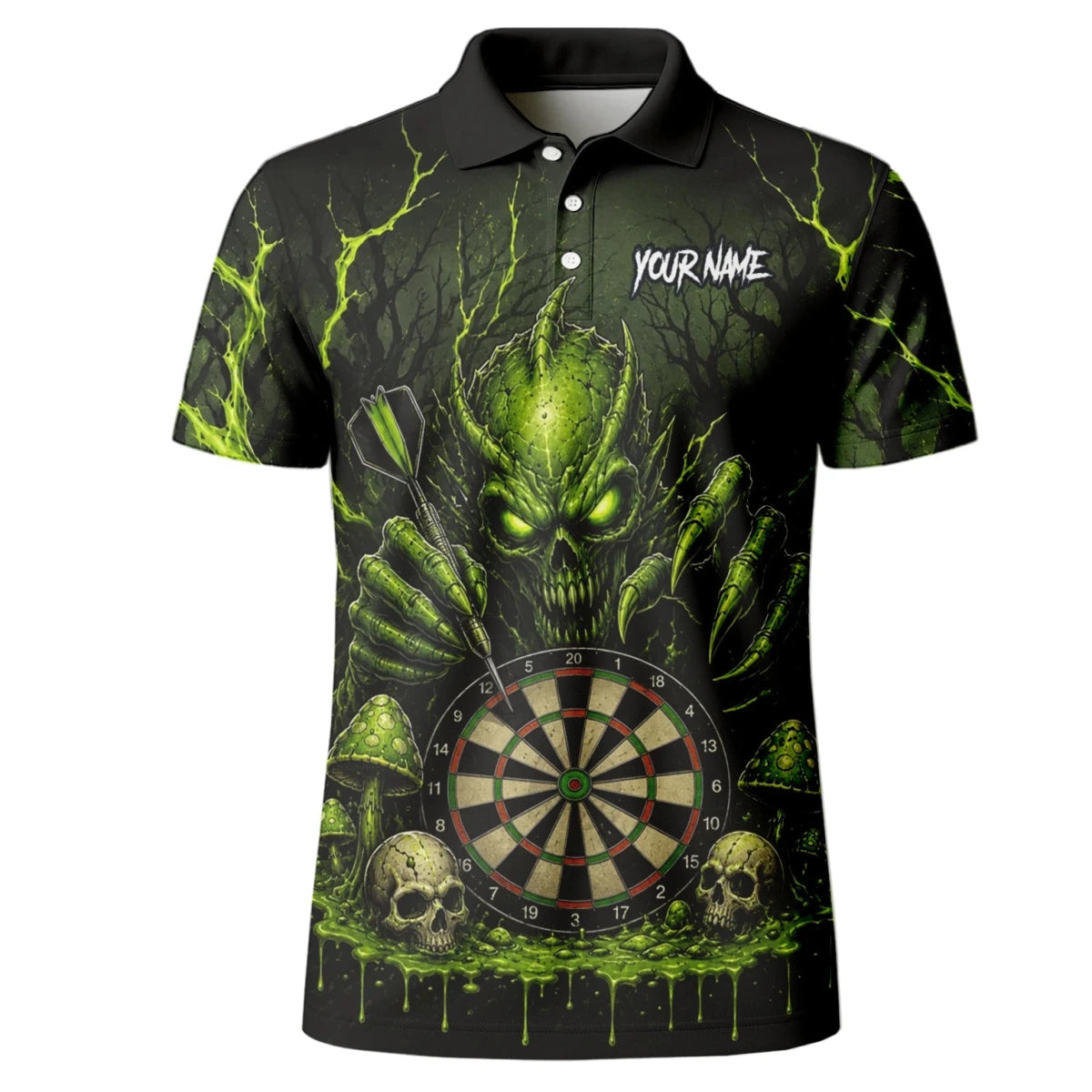 Personalisiertes Schwarz-grünes Monster-Totenkopf-Dartboard Dartshirt für Herren A277 - Outfitsuche