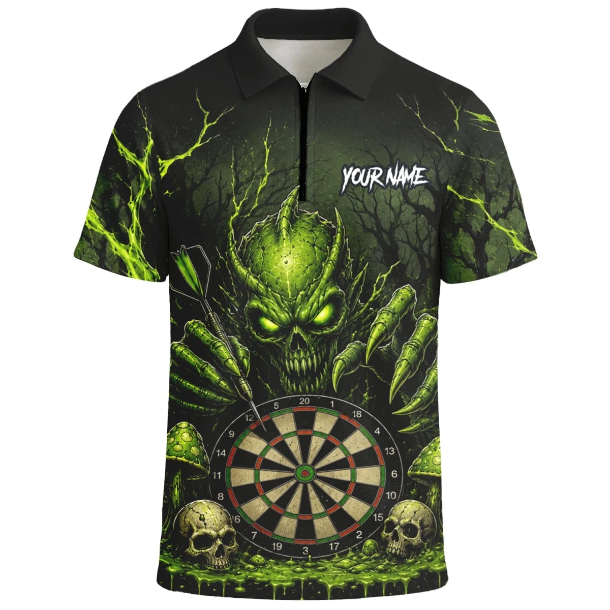 Personalisiertes Schwarz-grünes Monster-Totenkopf-Dartboard Dartshirt für Herren A277 - Outfitsuche