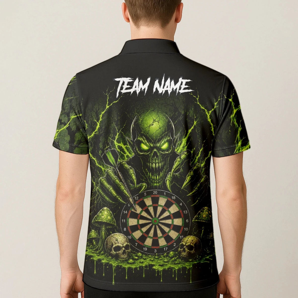 Personalisiertes Schwarz-grünes Monster-Totenkopf-Dartboard Dartshirt für Herren A277 - Outfitsuche