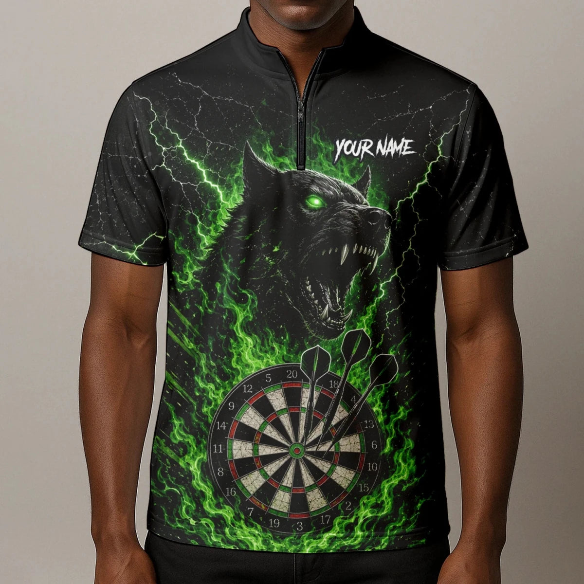Personalisiertes Schwarz-grünes Wolf-Dartboard Dartshirt für Herren F303 - Outfitsuche