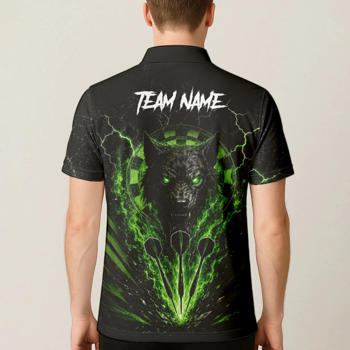 Personalisiertes Schwarz-grünes Wolf-Dartboard Dartshirt für Herren F303 - Outfitsuche