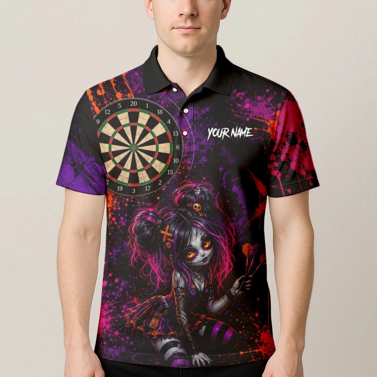 Personalisiertes Schwarz-lila-pink-oranges Gothic-Dartshirt für Herren Z641 - Outfitsuche