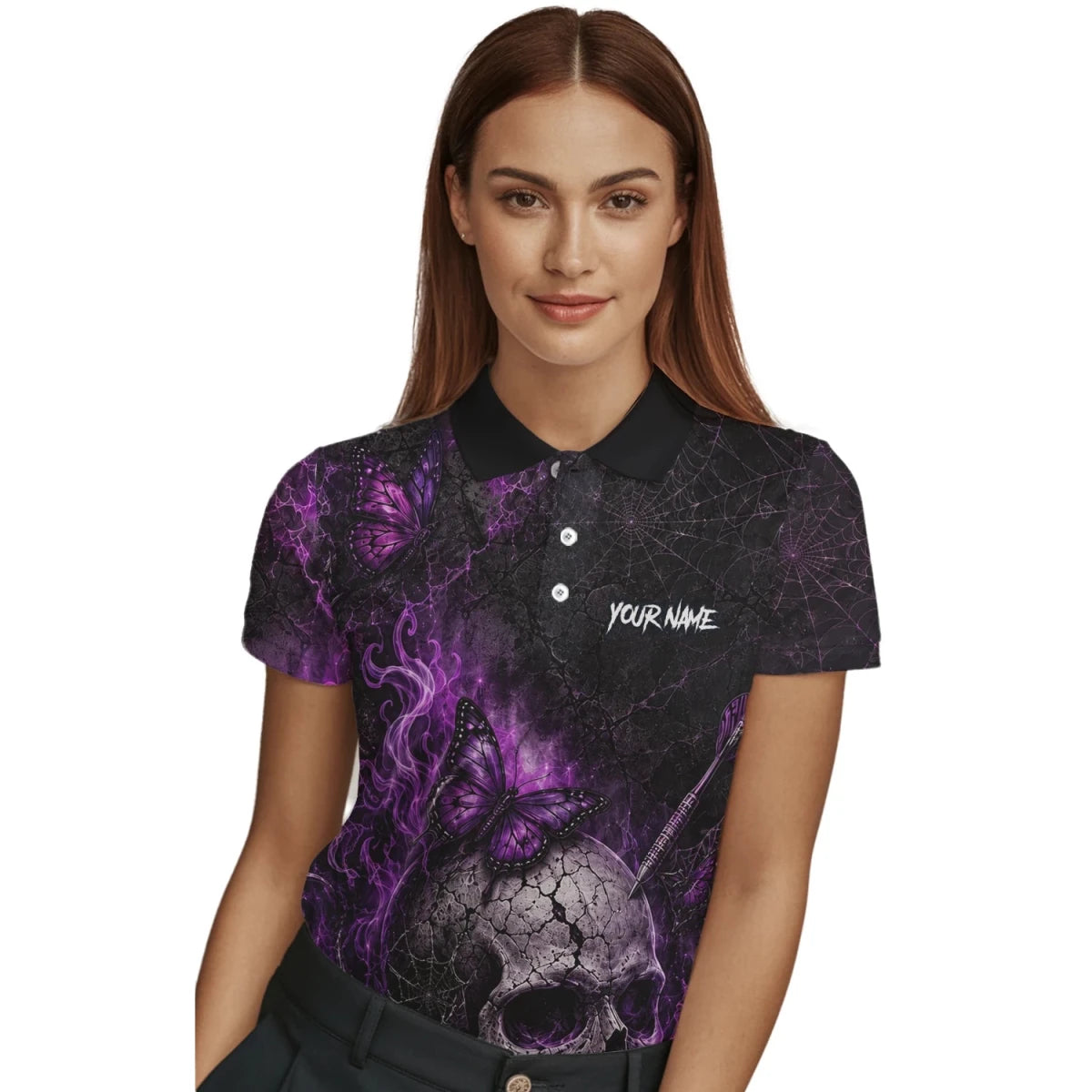 Personalisiertes Schwarz-lila Totenkopf-Schmetterling-Dartshirt für Damen Q241 - Outfitsuche