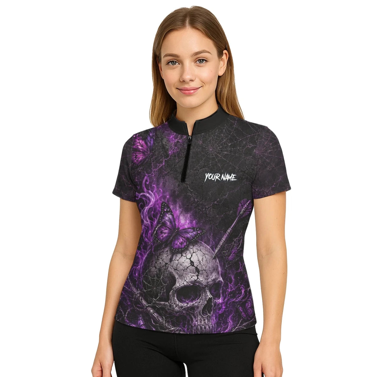 Personalisiertes Schwarz-lila Totenkopf-Schmetterling-Dartshirt für Damen Q241 - Outfitsuche