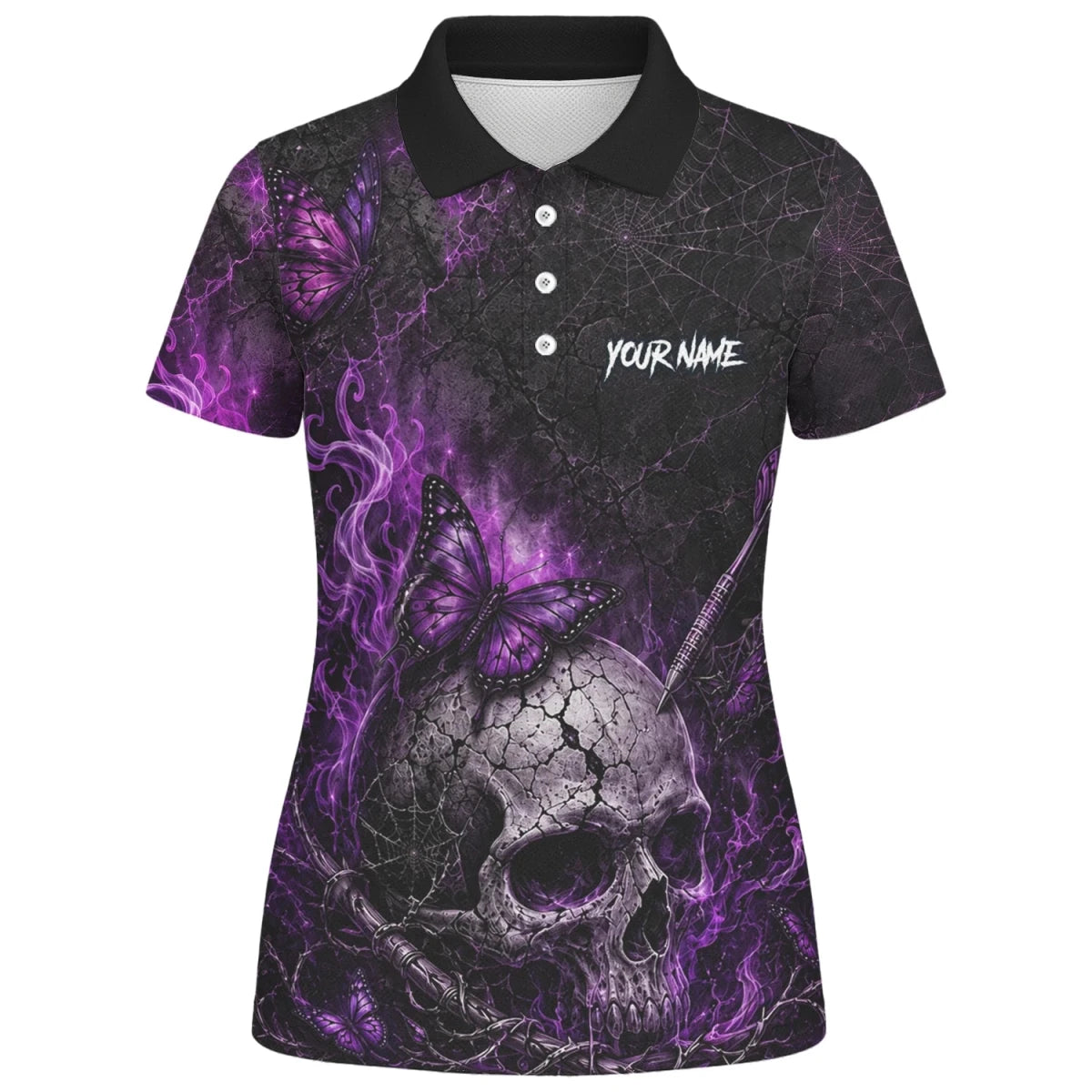 Personalisiertes Schwarz-lila Totenkopf-Schmetterling-Dartshirt für Damen Q241 - Outfitsuche
