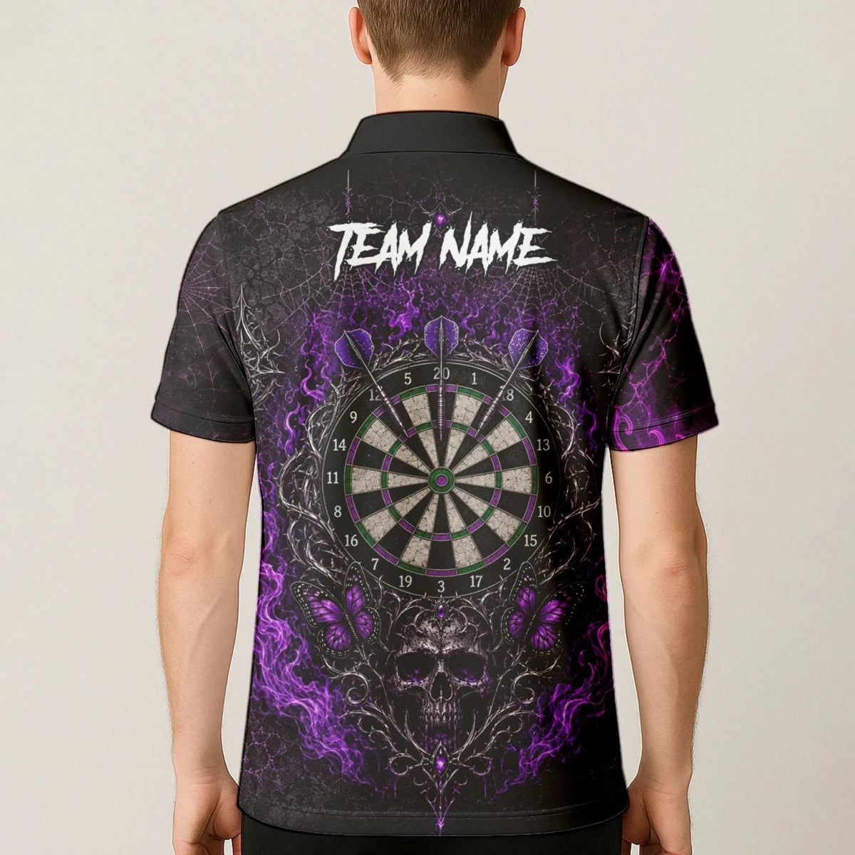 Personalisiertes Schwarz-lila Totenkopf-Schmetterling-Dartshirt für Herren Q241 - Outfitsuche