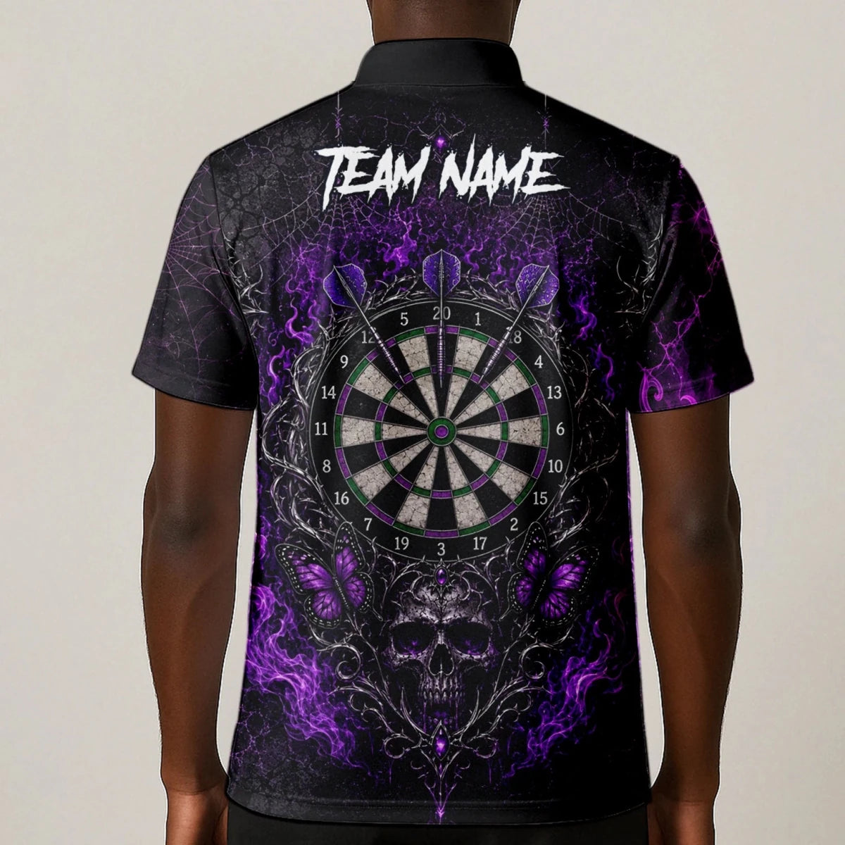 Personalisiertes Schwarz-lila Totenkopf-Schmetterling-Dartshirt für Herren Q241 - Outfitsuche