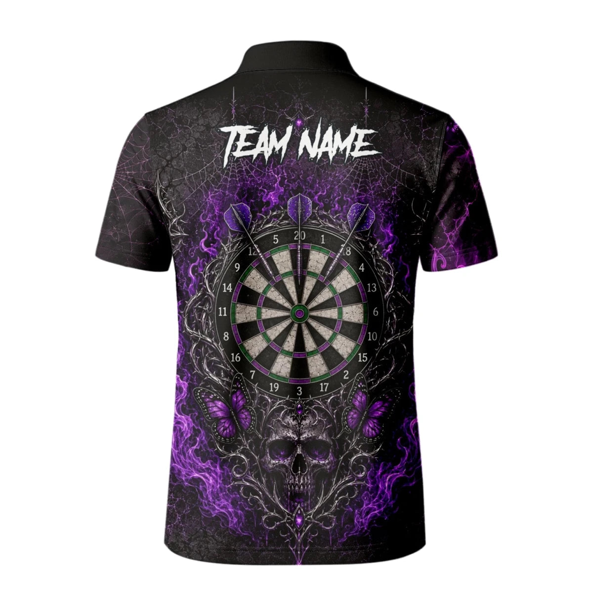 Personalisiertes Schwarz-lila Totenkopf-Schmetterling-Dartshirt für Herren Q241 - Outfitsuche