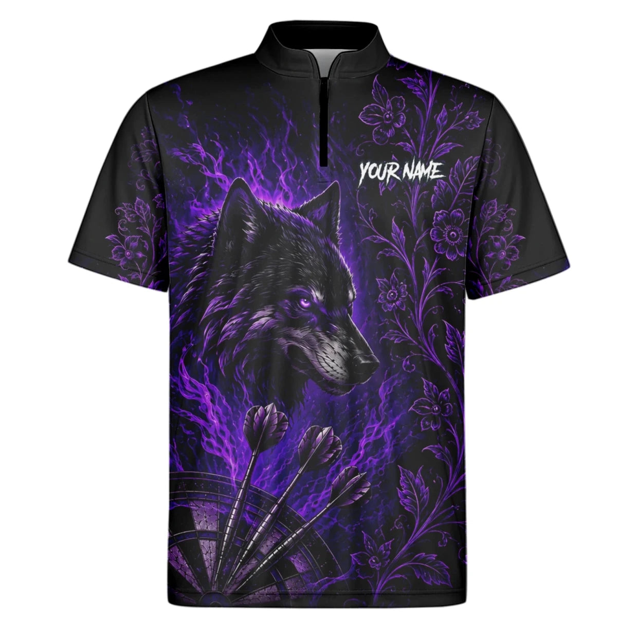 Personalisiertes Schwarz-lila Wolf-Dartboard Dartshirt für Herren J133 - Outfitsuche