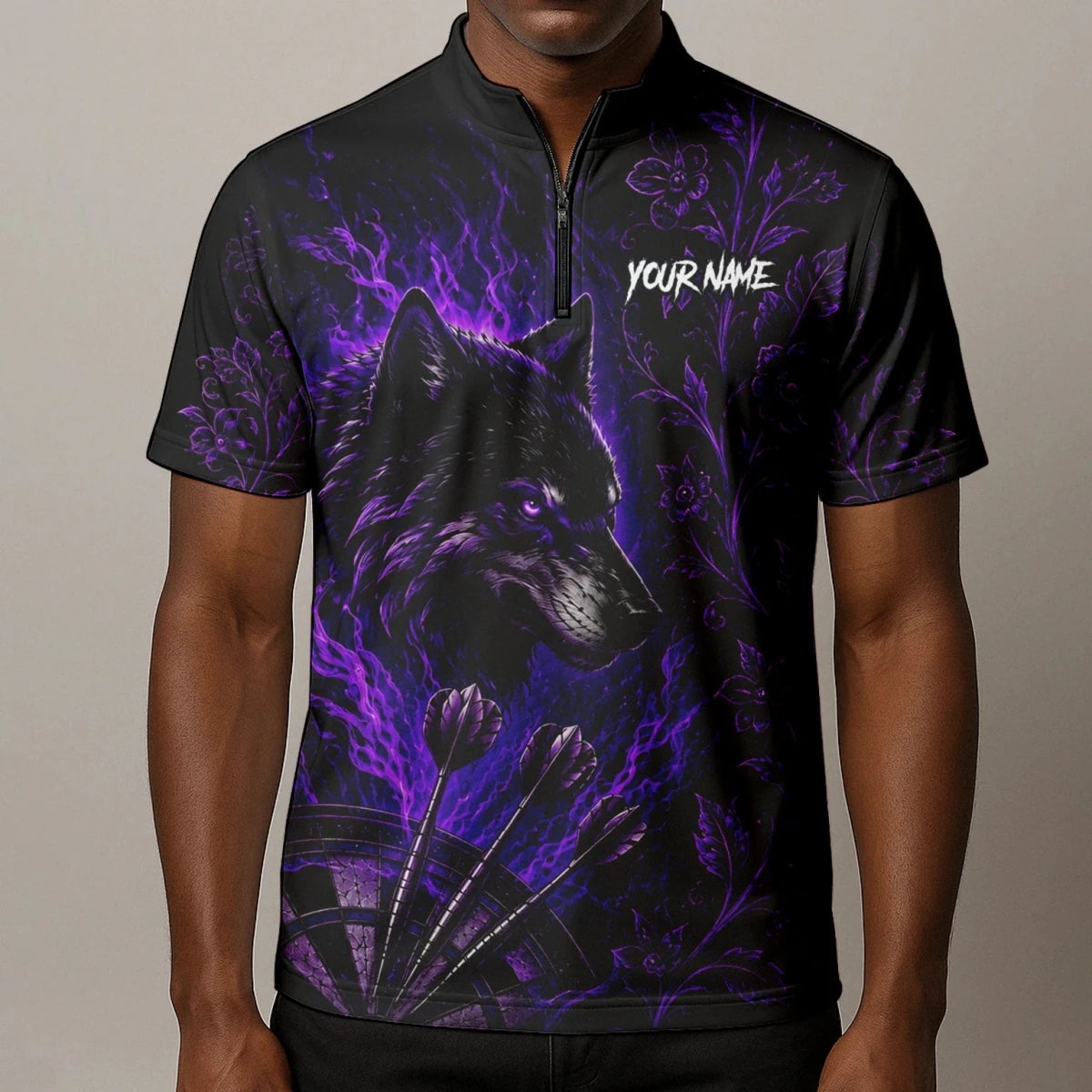 Personalisiertes Schwarz-lila Wolf-Dartboard Dartshirt für Herren J133 - Outfitsuche