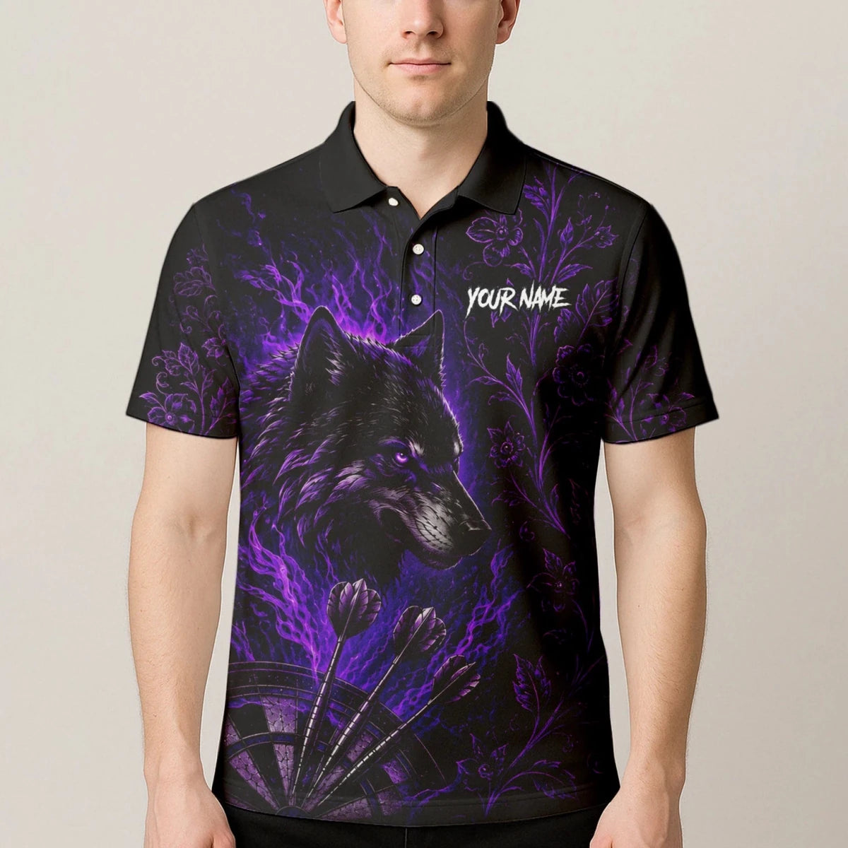 Personalisiertes Schwarz-lila Wolf-Dartboard Dartshirt für Herren J133 - Outfitsuche