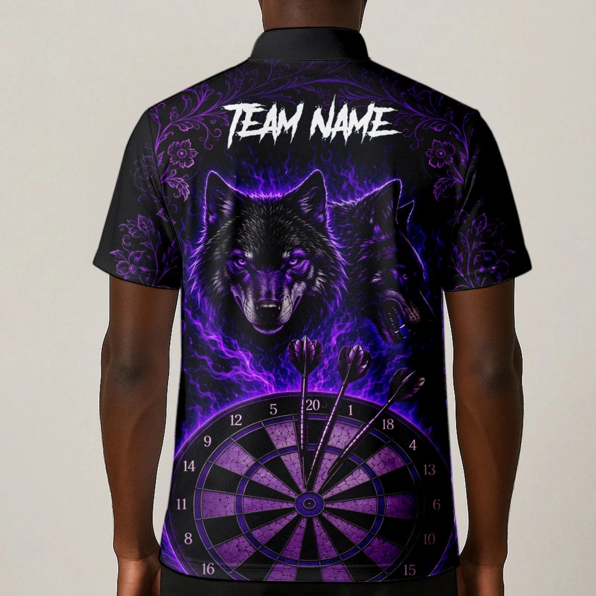 Personalisiertes Schwarz-lila Wolf-Dartboard Dartshirt für Herren J133 - Outfitsuche