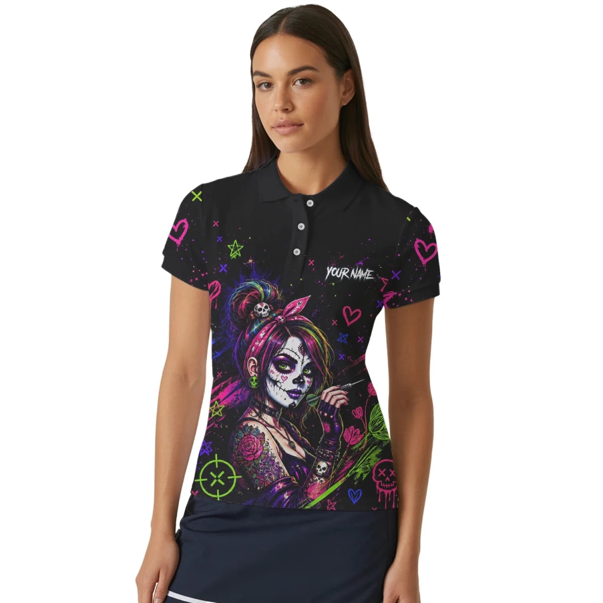 Personalisiertes Schwarz-neonfarbenes Sugar-Skull-Frauen-Dartshirt für Damen K745 - Outfitsuche