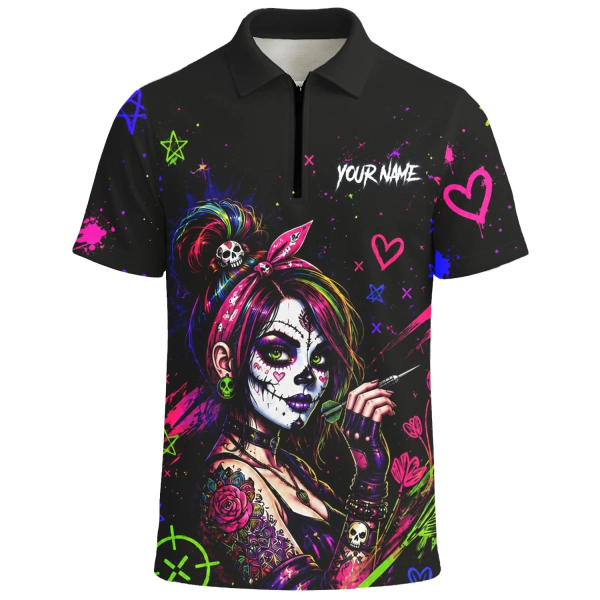 Personalisiertes Schwarz-neonfarbenes Sugar-Skull-Frauen-Dartshirt für Herren K745 - Outfitsuche
