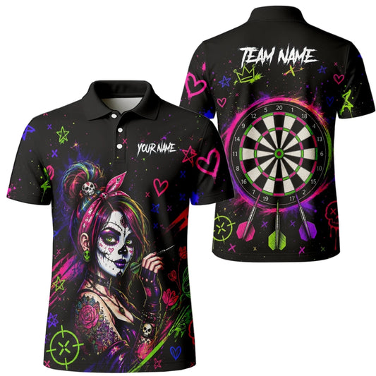 Personalisiertes Schwarz-neonfarbenes Sugar-Skull-Frauen-Dartshirt für Herren K745 - Outfitsuche
