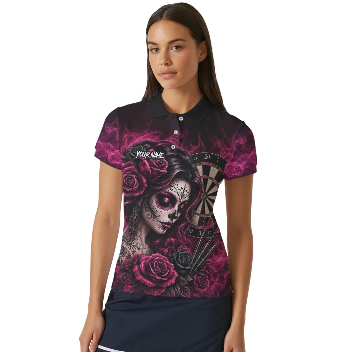 Personalisiertes Schwarz-pink Sugar-Skull-Rosen-Dartshirt für Damen Z109 - Outfitsuche