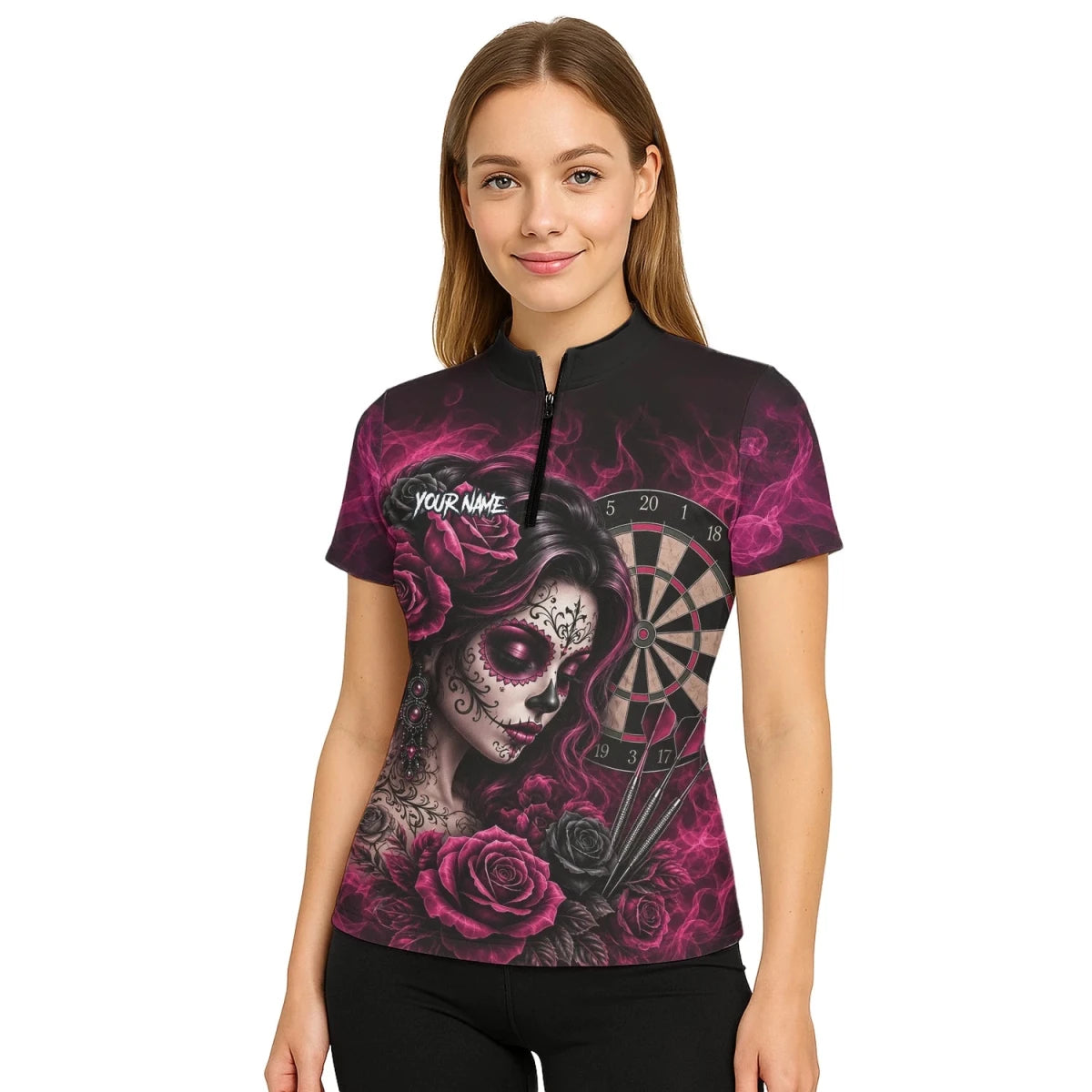 Personalisiertes Schwarz-pink Sugar-Skull-Rosen-Dartshirt für Damen Z109 - Outfitsuche