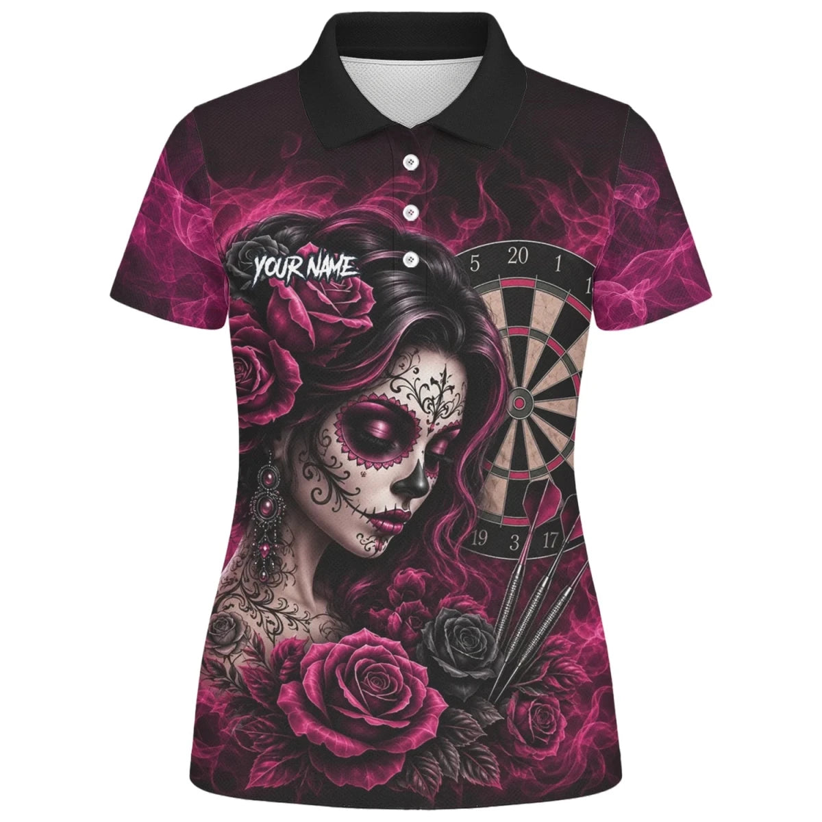 Personalisiertes Schwarz-pink Sugar-Skull-Rosen-Dartshirt für Damen Z109 - Outfitsuche
