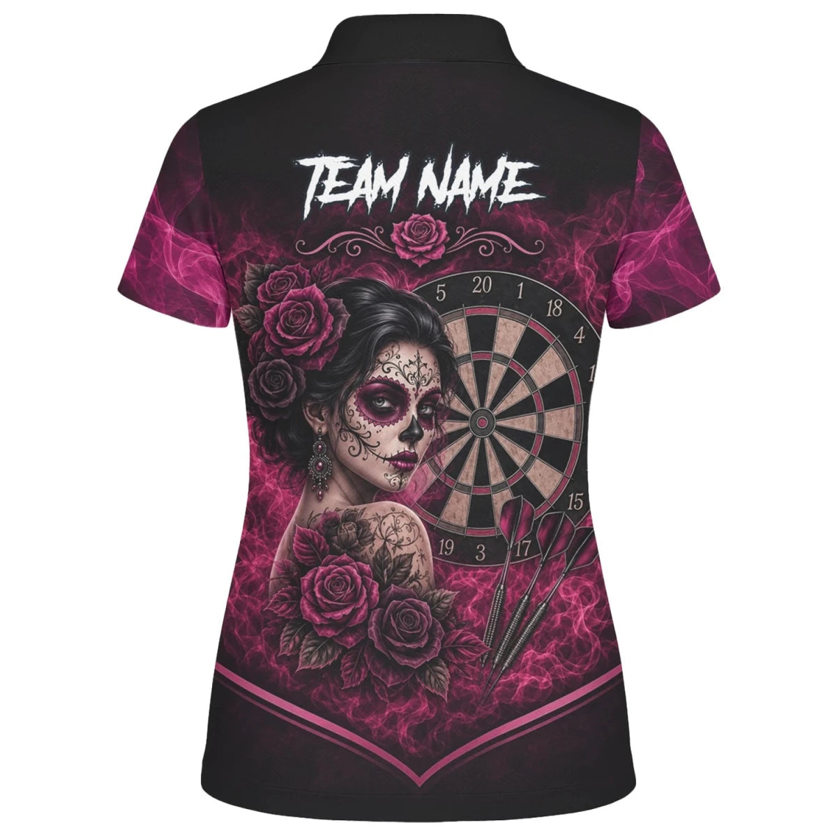 Personalisiertes Schwarz-pink Sugar-Skull-Rosen-Dartshirt für Damen Z109 - Outfitsuche