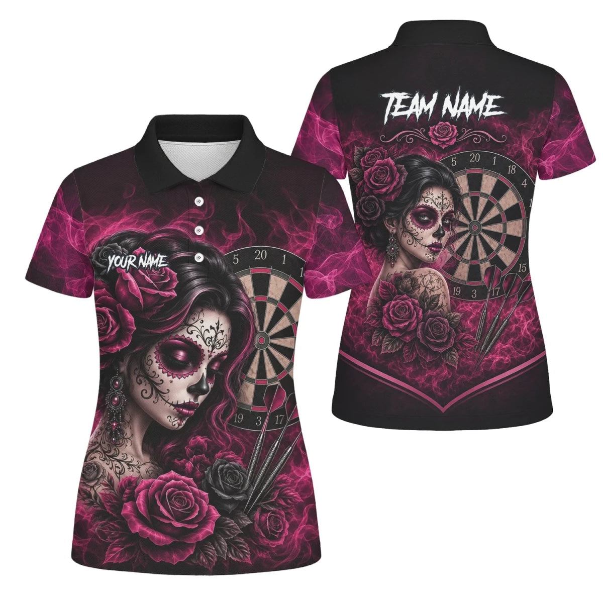 Personalisiertes Schwarz-pink Sugar-Skull-Rosen-Dartshirt für Damen Z109 - Outfitsuche