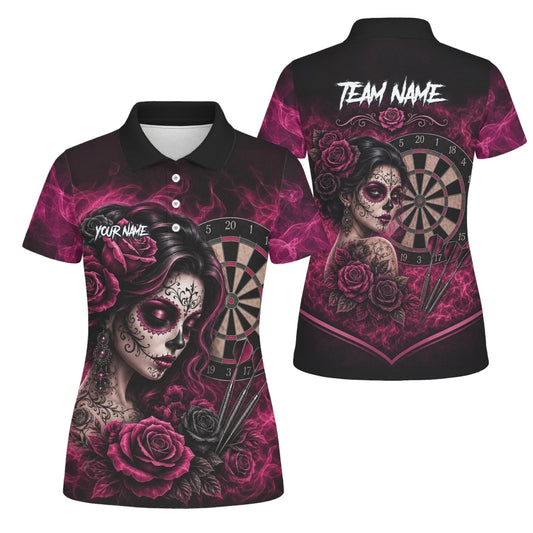 Personalisiertes Schwarz-pink Sugar-Skull-Rosen-Dartshirt für Damen Z109 - Outfitsuche